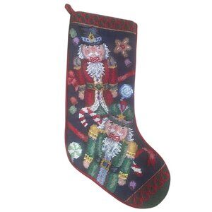 Vintage Needlepoint Red Green Nutcrackers Christmas Stocking Traditional Velvet